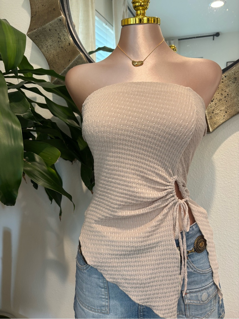 Strapless Ruched Side Tie Tube Top - Blush